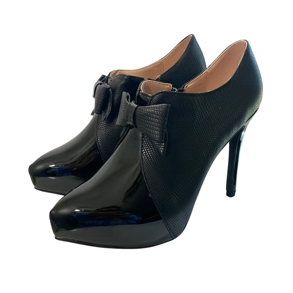 Patent Leather Pointed Bow Toe Stiletto Party Pumps Womens 10 Black Ankle Zip‎